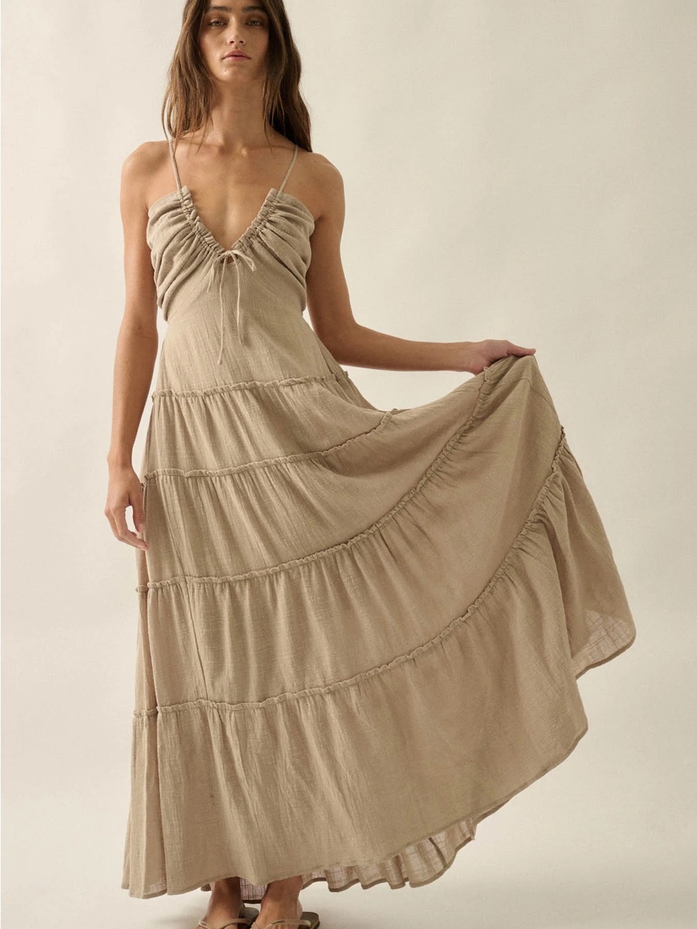 Promesa Taupe Beige Tiered Spaghetti-Strap Maxi Dress